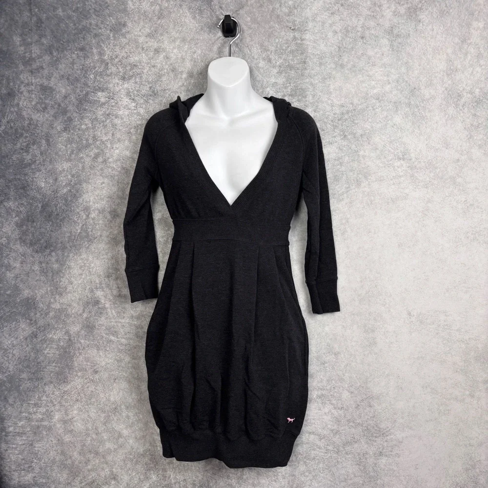 Victoria's Secret PINK Y2K Hooded Pullover Gray 3/4 Sleeve Sweatshirt Dress VTG - Picture 2 of 9
